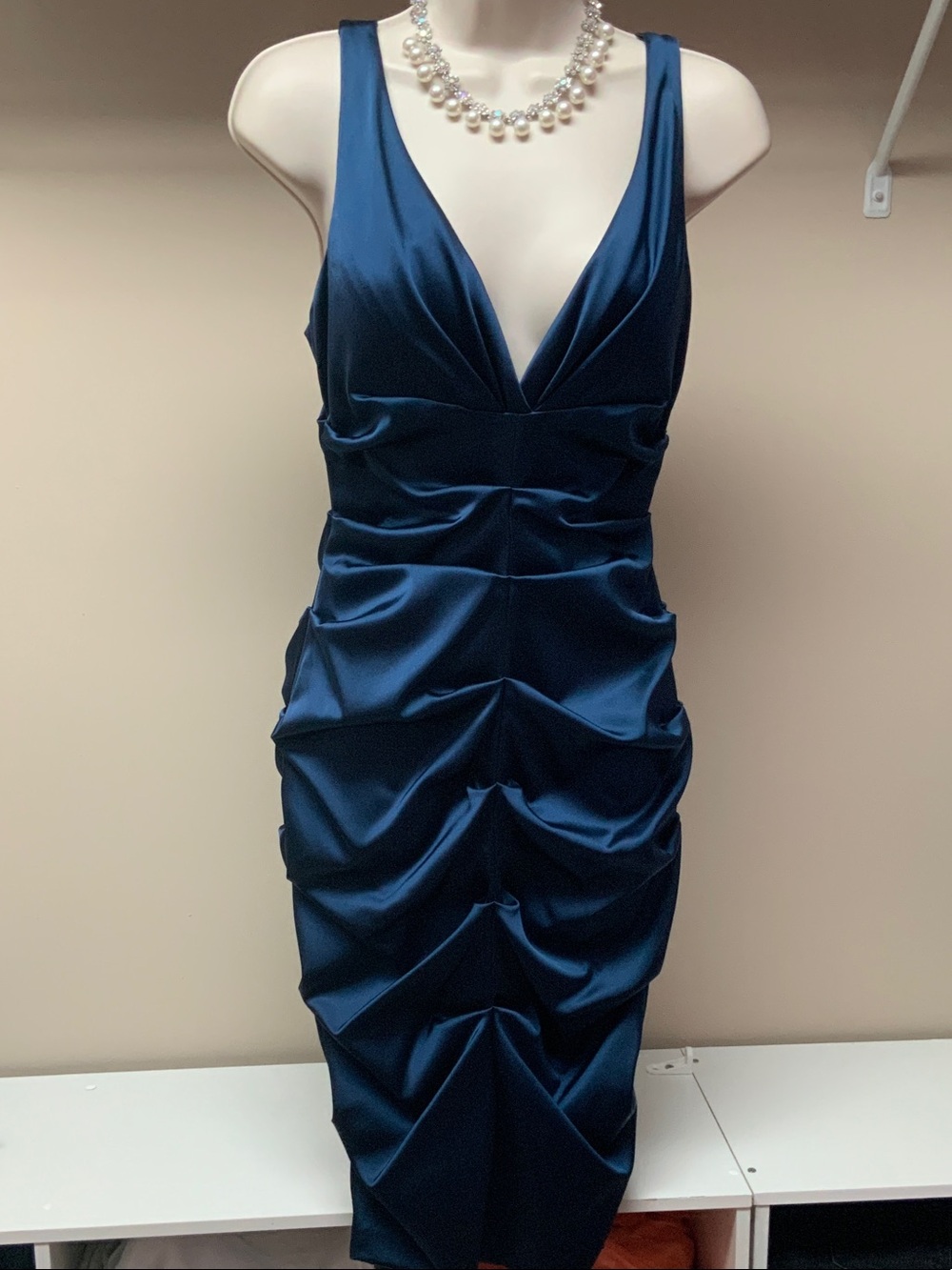 Xscape Deep Navy Satin Ruched V-Neck Midi Dress